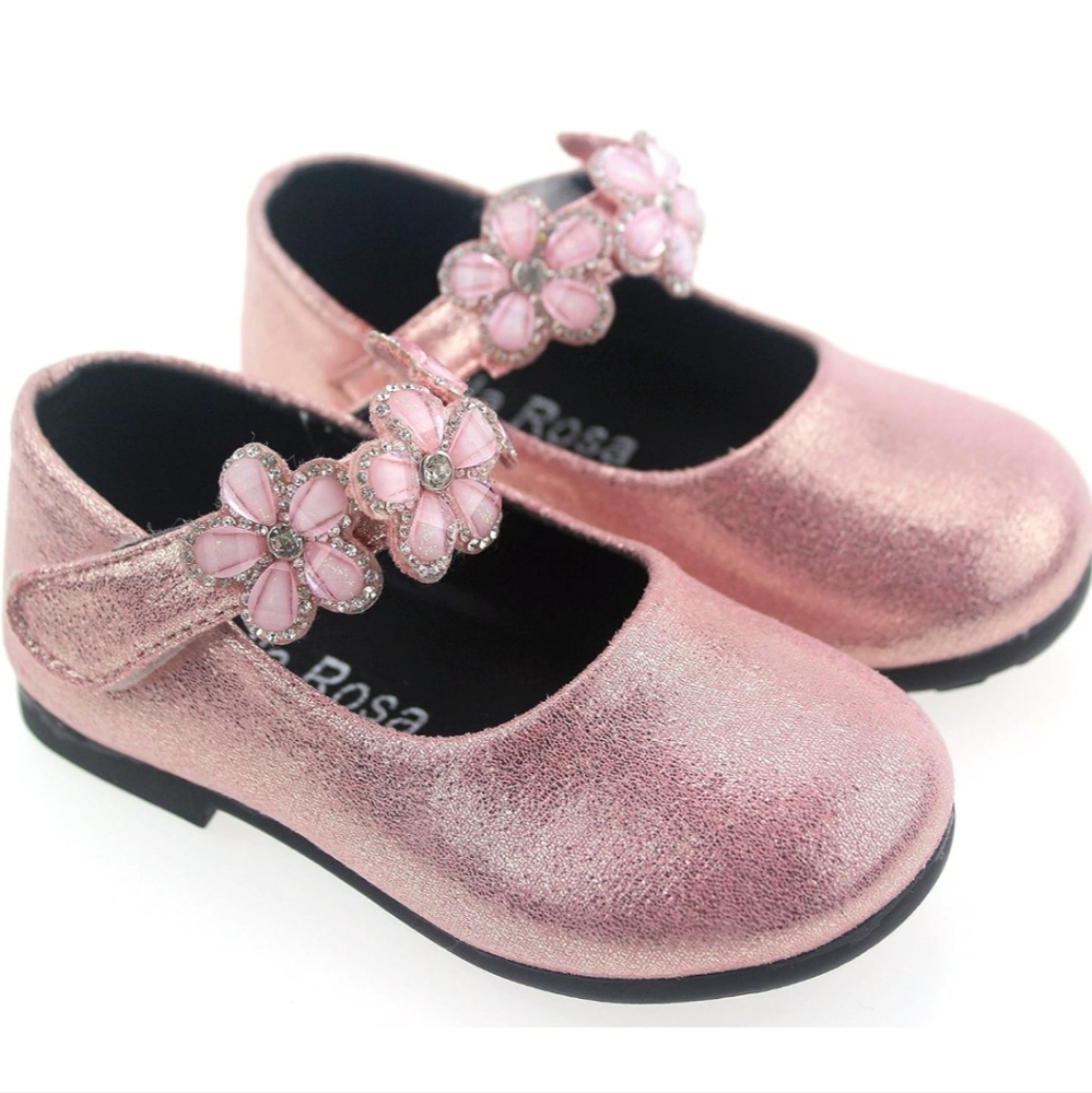 BELLA ROSA | Toddler Little Girls Glitter Pink Flowers Mary Jane Dress Shoes
